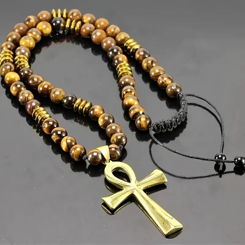 Ethnic Ankh Cross Necklace, Crafted from Natural Tiger Eye Beads & Art Glass (Black Version), Adjustable Macrame Knot Cord, Daily Fashion Jewelry Gift for Him/Her