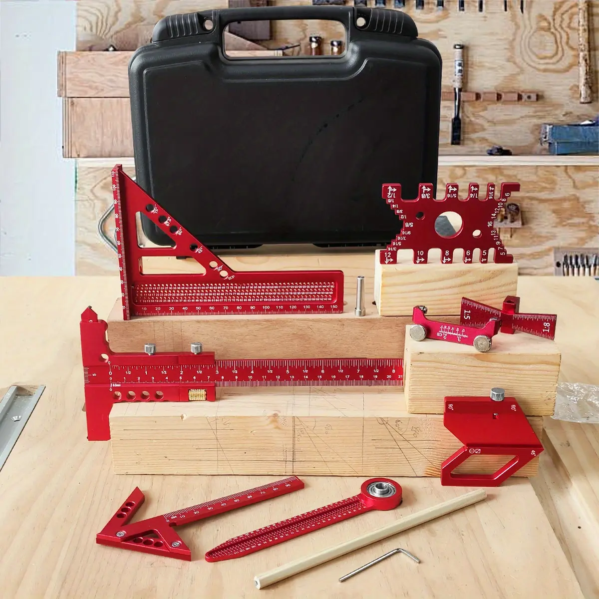 6/7/8Pcs Woodworking Square Kit with Box and Protractor, Carpenter Quick Splicing Planning and Layout Tools, Aluminum Scribeing Ruler, Center Finder, Circular Drawing Compass, Honing Guide, Height Gauge, Measuring Tool, Measuring Instrument
