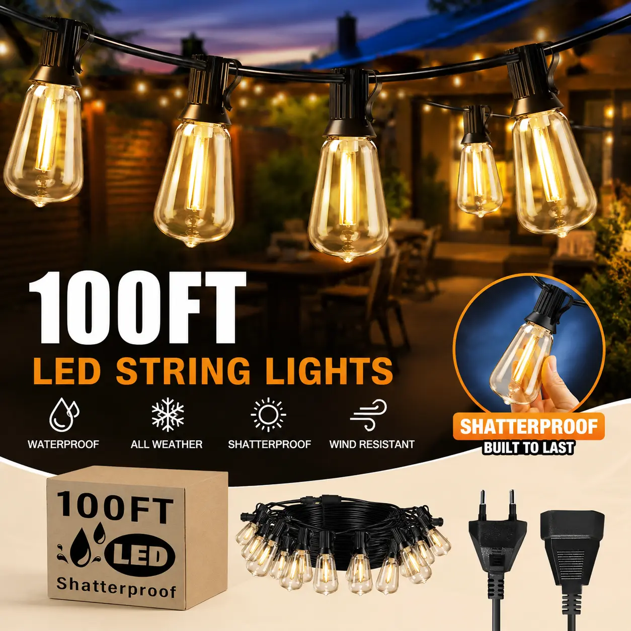 Outdoor String Lights for Patio & Backyard, Shatterproof Waterproof ST38 Vintage Edison Bulb Bistro Lights, Energy Saving Hanging Lights for Porch, Deck, Garden, Wedding & Party Decor, 25Ft/50Ft/100Ft