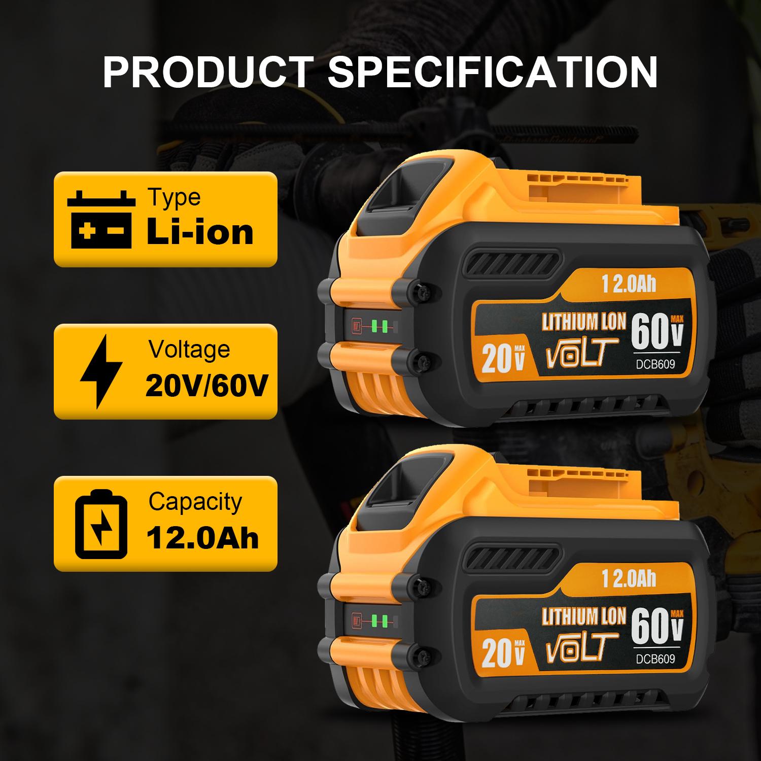 High Capacity 12Ah Replacement for Dewalt 20V 60V Max Battery 1/2/4 Pack, Compatible with DCB606 DCB609 DCB612, Compatible with DeWalt 20V 60V Cordless Power Tools