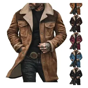 Mens Western Cowboy Jacket Vintage Suede Jacket Long Coats Zip Up Plush Collar Cowboy Peacoat Retro Tops Casual Menswear Soft Fleece Hoodie jacket western clothing jackets letterman jacket western clothing Black