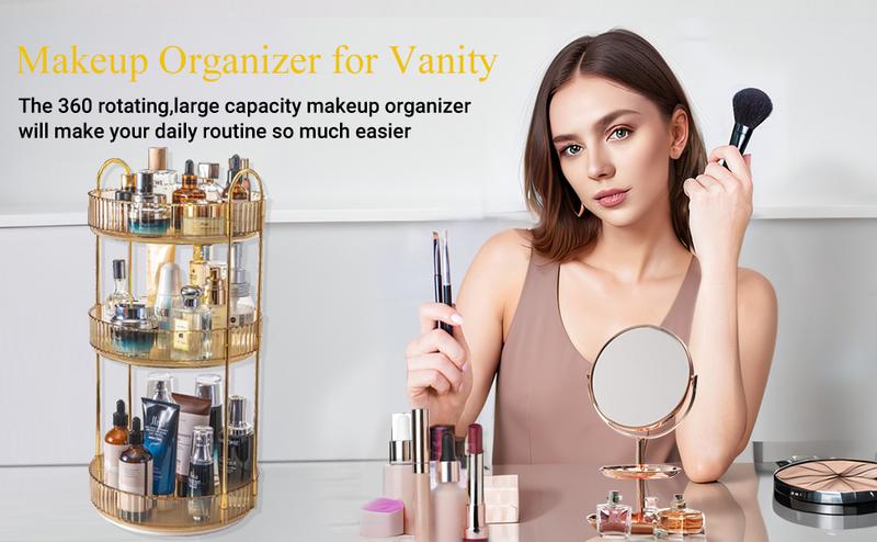 360° Rotating Makeup Organizer 3 Tiers Green/White/Gold Vanity Shelf with 12-Slot Lipstick Holder Collapsible Stackable Storage Boxes for Makeup Perfume Skincare - Room 3Tiers-Gold  3Tiers-White bathroom organizer