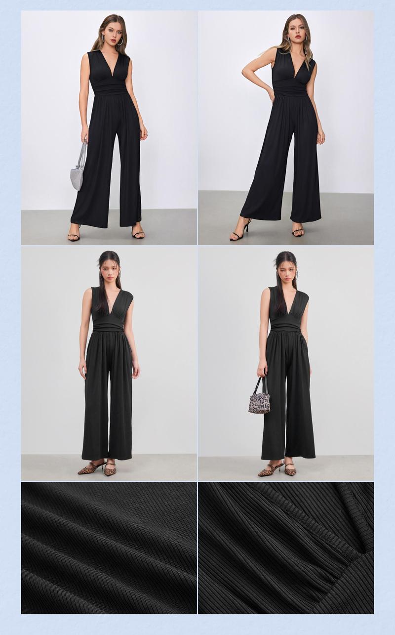 Cider Women's V-neck Ruched Solid Wide Leg Romper with Pocket, Stretchy Spring Jumpsuit, Springtime Casual Outfits, Lady Comfortable Stretchy Short Jumpsuit, Spring Downtown Girl Clothes, Ladies Spring Casual Wear