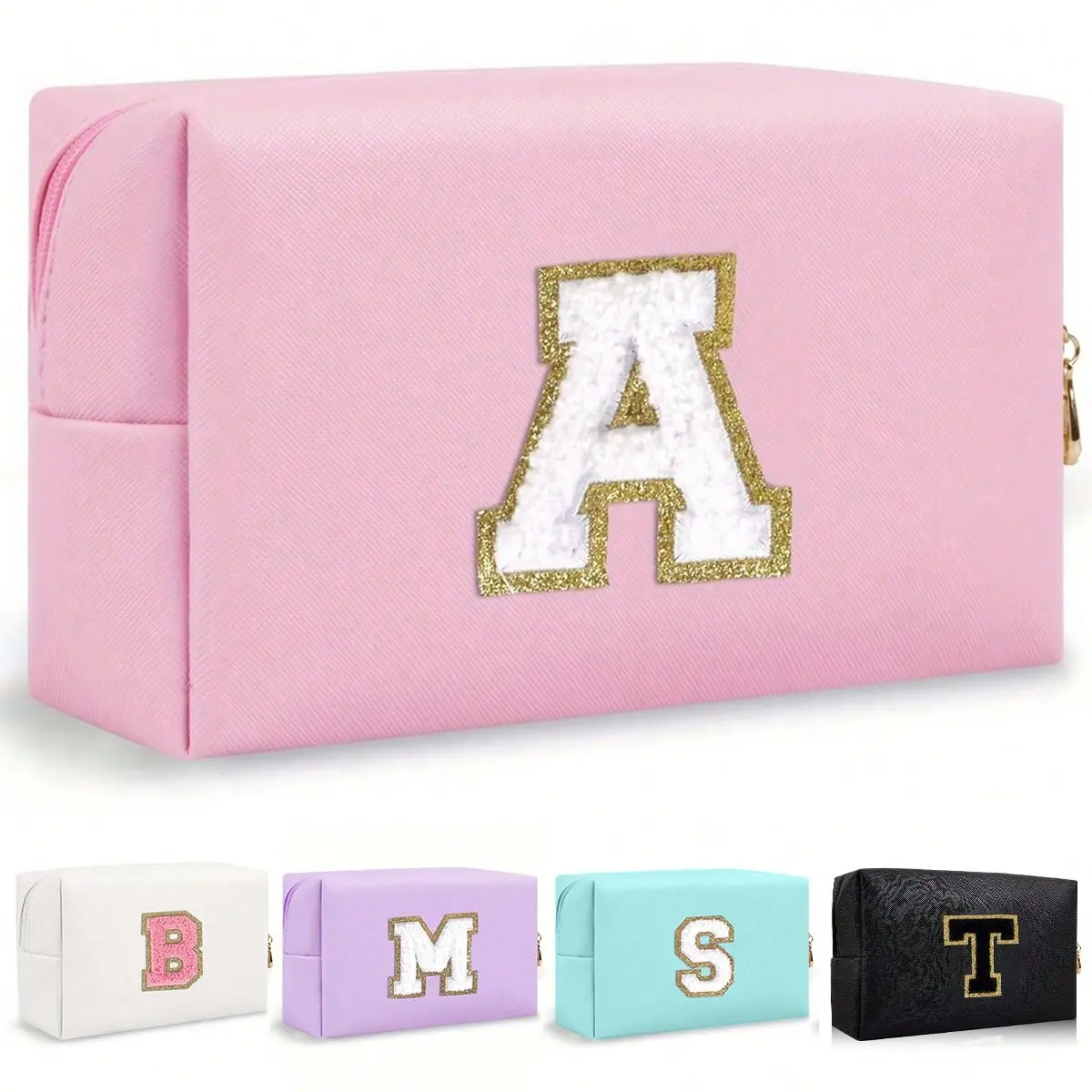 Women's Makeup Bag Personalized Colorblock PU Leather Waterproof Travel Cosmetic Pouch with Chenille Initial, Makeup Pouch For Purse, Makeup Organizer Travel