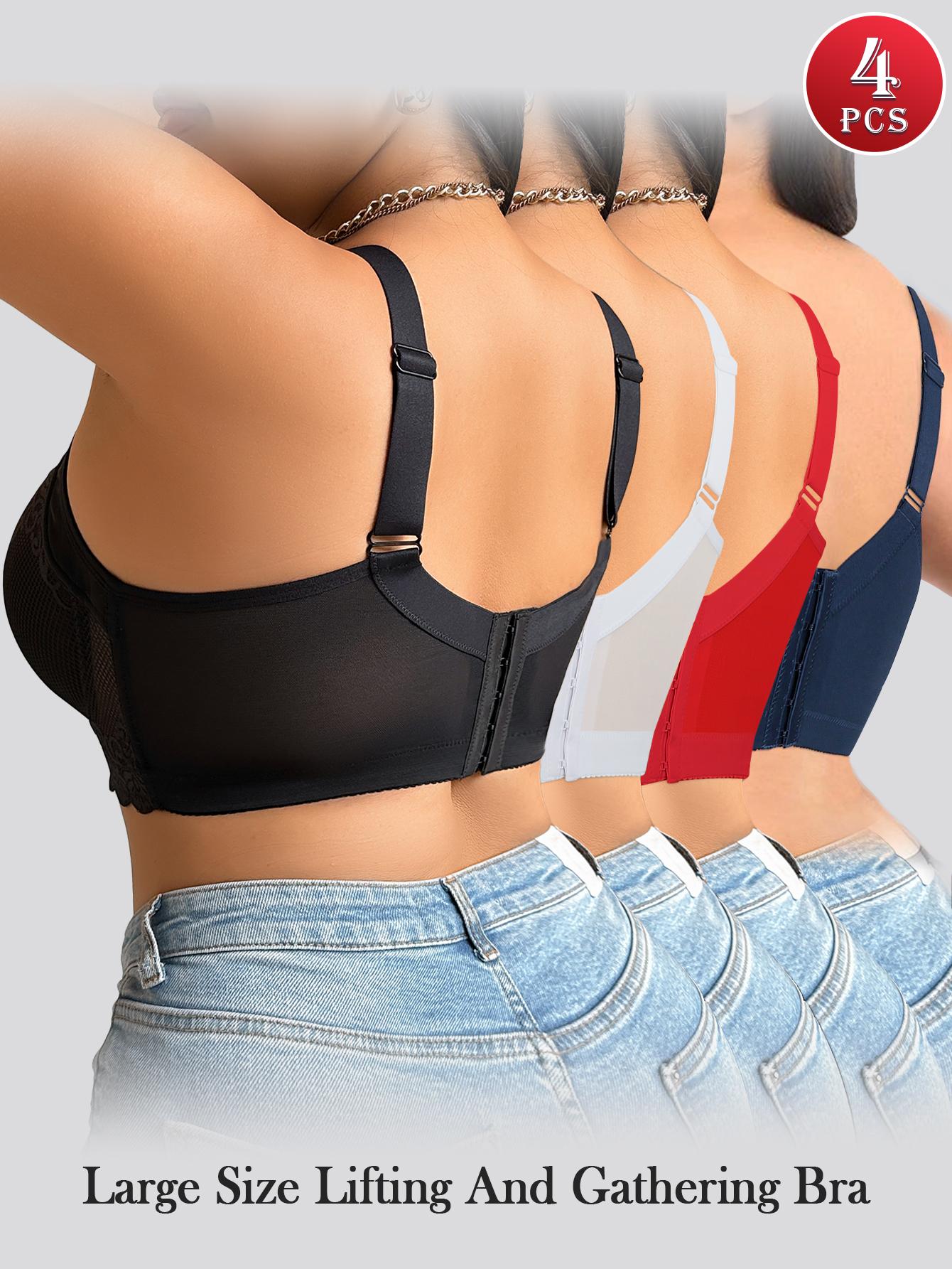 Plus Size  4-Pack Push-Up Jacquard Bras - Adjustable Straps and Underwire, Wide Straps for Everyday Comfort, Women's Underwear full coverage bra comfort Hide Back Fat Smoothing Bra Comfortable seamless pushup non wire Fit supportive Multicolor Lace