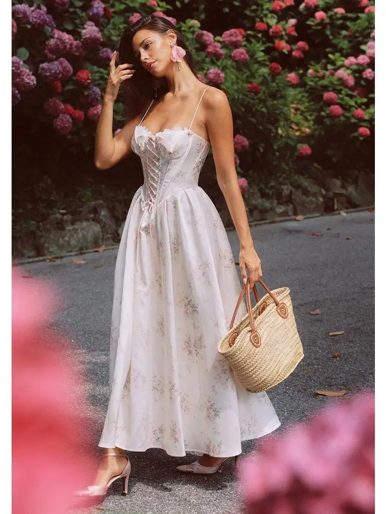 Love Flower Notes Corset Dress Adjustable Bridal Casual Elegance Floral Maxi Pleated Pleats Polyester Ribbon Boho Summer Dresses Bohemian Summer Dresses