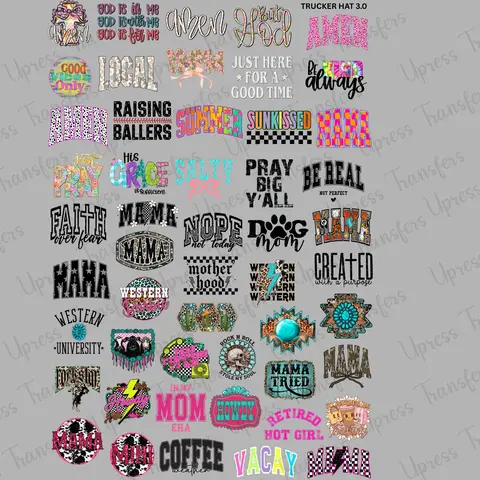 Trucker Hat 3.0 Mini DTF Transfer Gang Sheet 24.5" x 36" Direct To Film for DIY Enthusiasts Vibrant Custom Options Cozy Handmade Aesthetic Pink Green Christmas Design
