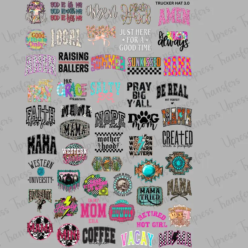 Trucker Hat 3.0 Mini DTF Transfer Gang Sheet 24.5" x 36" Direct To Film for DIY Enthusiasts Vibrant Custom Options Cozy Handmade Aesthetic Pink Green Christmas Design