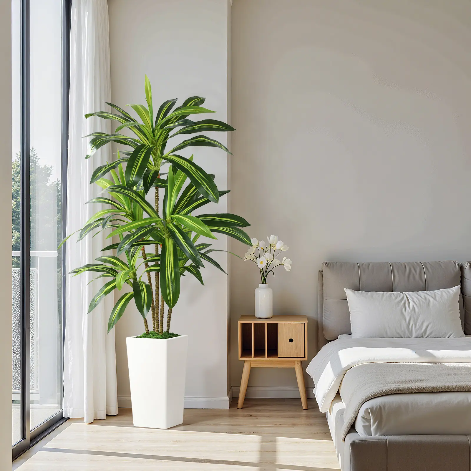 SHareconn Artificial Dracaena Fake Tree 4/5/6FT, White High Pot Artificial Plants Indoor&OutSdoor, Fake Plants for Office/Home/Living Room Potted Decoration, 5ft
