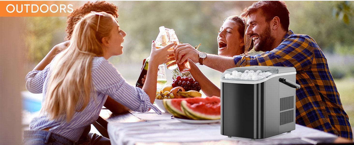 HomeSquad Portable Self-Cleaning Countertop Ice Maker - Makes 9 Ice Cubes in 6 Minutes, Produces 26.5lbs of Ice in 24 Hours, Includes 2 Sizes of Bullet Ice, Ice Scoop, Basket & Handle - Perfect for Home, Kitchen, and Parties!