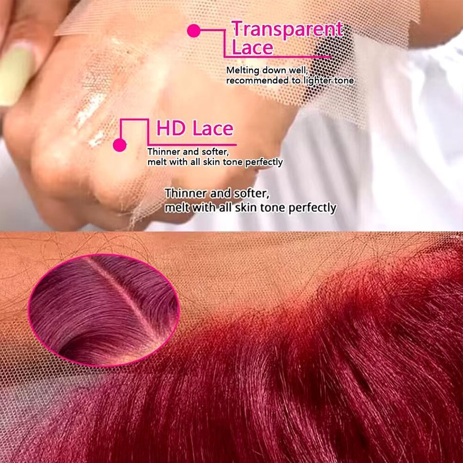 99J Burgundy 13x6 Hd Transparent Lace Frontal Wig Pre plucked Straight /Body Wave Lace Front Wigs Human Hair For Women 180% Density