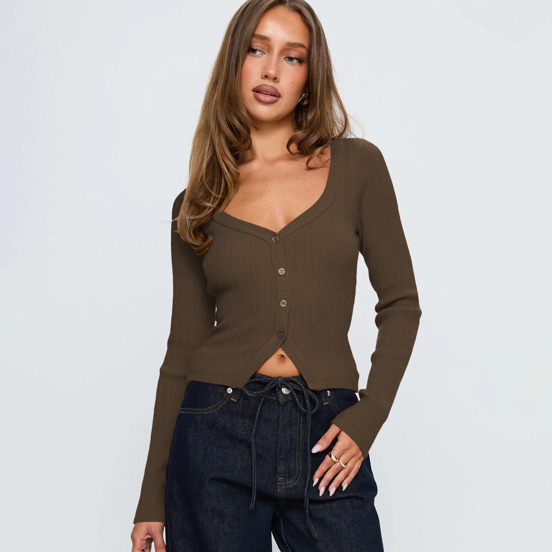 FAIABLE Women's Button Long Sleeve Cardigans Open Front Knit V Neck Cropped Sweaters Slim Fit Stretchy Shirt Soft Lightweight Layering Blouse Casual Elegant Tops Chic