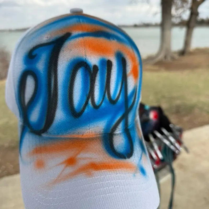 Airbrush Hat One Word - blue and orange Baseball Cap with Custom Name Design