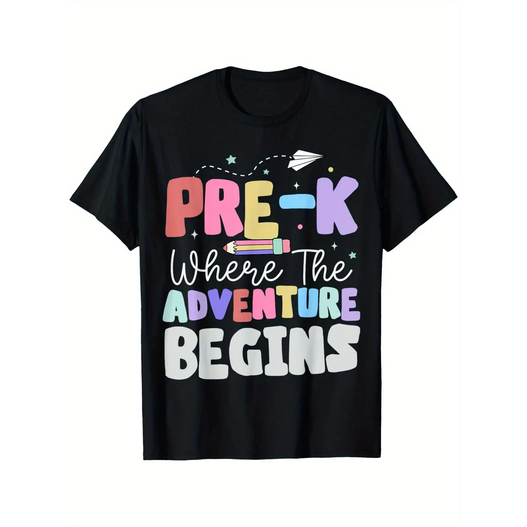 Pre-K Where The Adventure Begins First Day of Prek Teacher T-Shirt, Unisex Cotton Casual Round Neck Outdoor Short Sleeve T-Shirt with Slight Stretch, Men'S Summer Clothes, Slightly Elastic, 100%Cotton, S-XXXL Printed