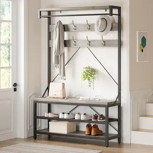 Industrial Hall Tree Coat Rack with Bench 8 Hooks, Hanging Bar, Spacious Shoe Storage Shelves, Metal Frame Entryway Organizer Grey
