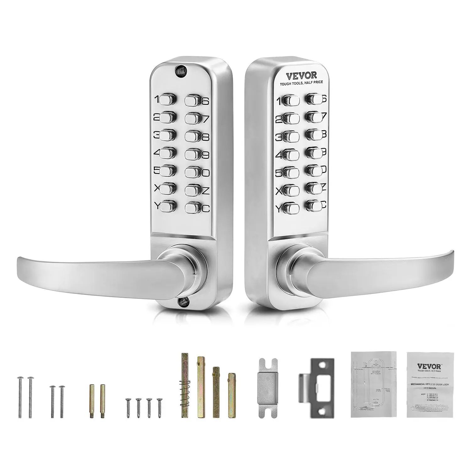 VEVOR Mechanical Keyless Entry Door Lock,  14 Key Mechanical Door Lock, Mechanical Keypad Door Lock with Handle, Double-Sided Stainless Steel Waterproof Keyless Gate Lock, for Home Office Yard, Sliver