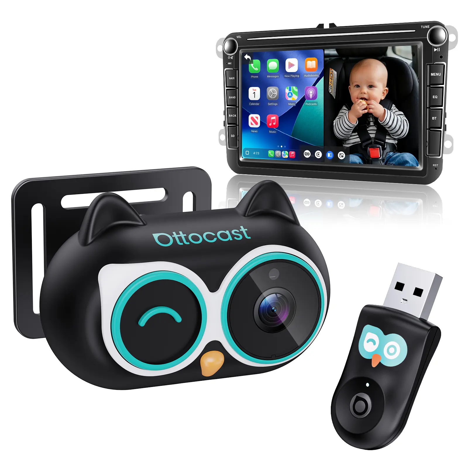 【CHECK COMPATIBILITY】OTTOCAST Baby Car Camera & Wireless CarPlay Adapter: 1080P HD Rear Seat Monitor Display on Car Screen, 150° Wide Angle, No-Glow Night Vision. Safety for Kids & Infants—Only for Vehicles with Wired CarPlay Mom Car Stuff