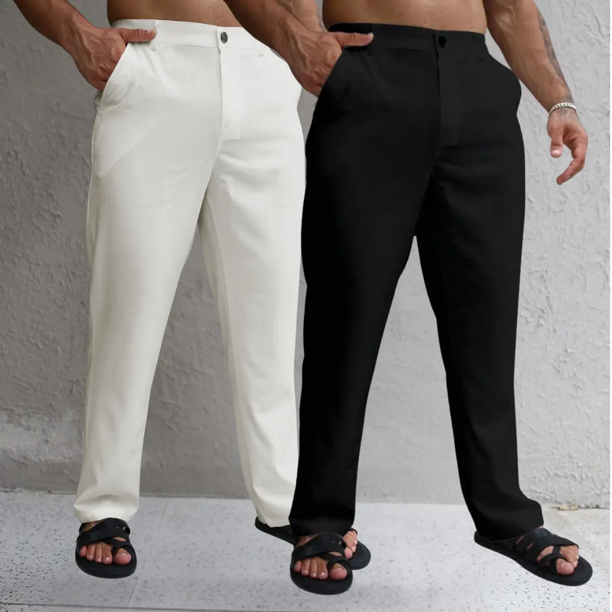 Men's Plain White Trousers, Straight-Leg Casual Beach Pants for Stylish Summer Outfits with Tops, Modern Menswear, Plain Finish, Fitted Cut, Effortless