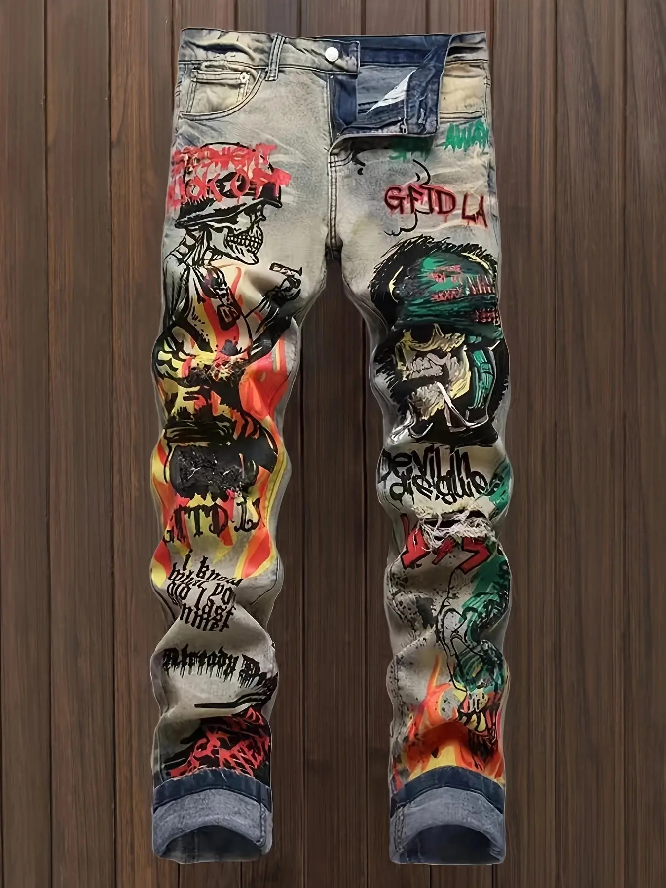 Men's Graffiti Print Denim Jeans, Ripped Pants, Regular Fit Casual Fashion Ripped Straight Leg Jeans for Daily Wear, Men's Bottoms for Summer