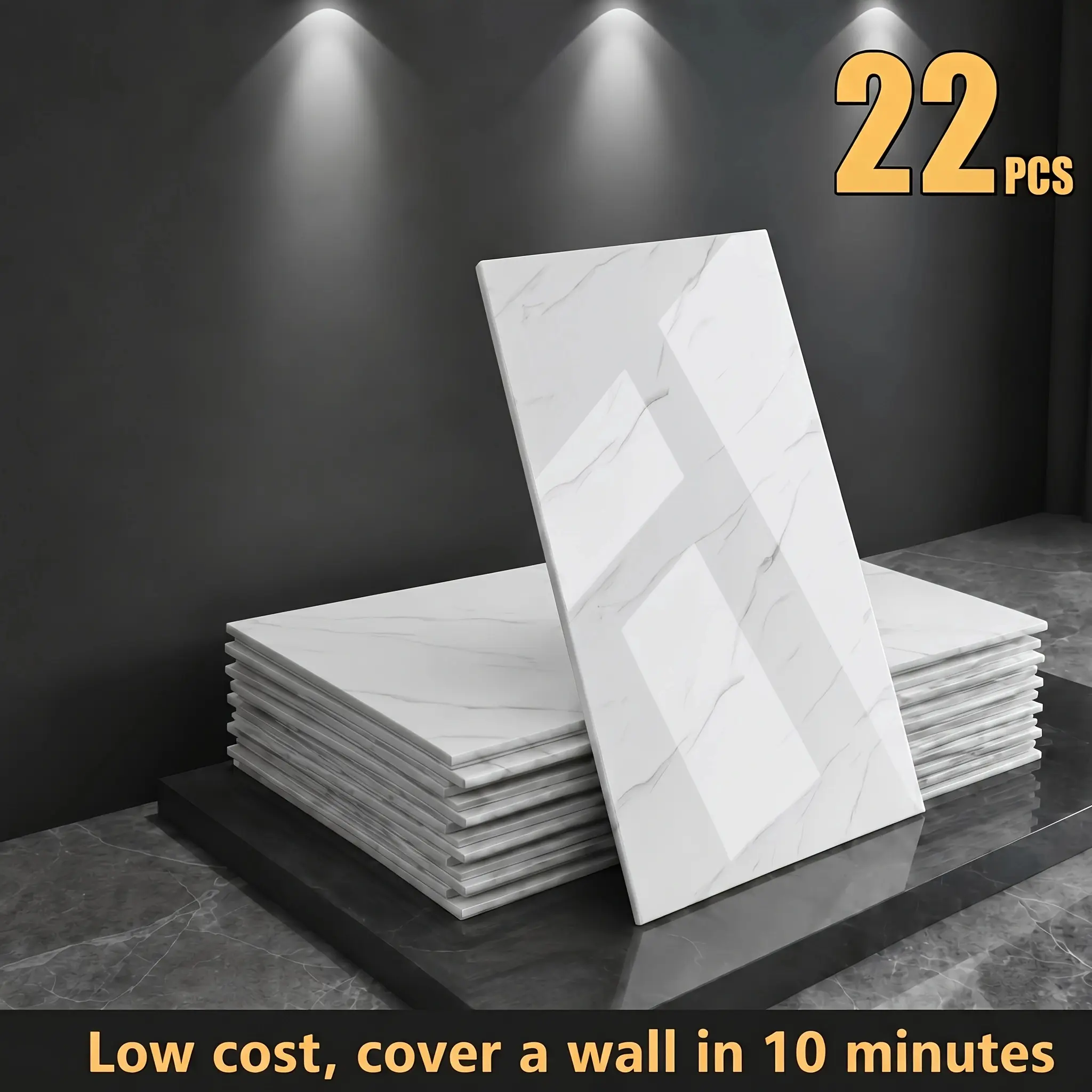 22/44-Piece Self-Adhesive Marble Wall Panel Set - Extra Large White/Grey & Black/Grey Marble Tiles, Peel-and-Stick Removable Vinyl Floor Planks, Ideal for Bathroom, Kitchen & Living Room - Gloss Finish, Easy to Install & Remove