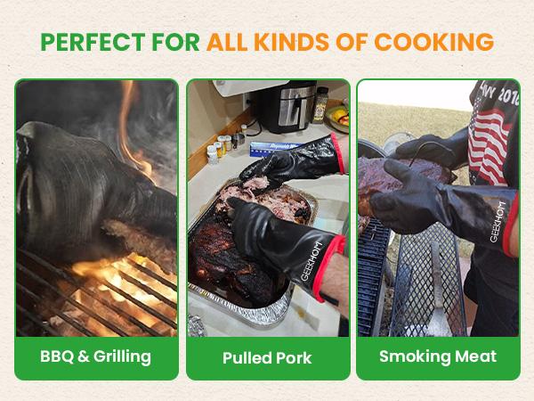 GEEKHOM All in One 932°F Heat Resistant Gloves for Grill BBQ 14" Waterproof Long Sleeve Pit Grill Gloves for Fryer Baking Oven Smoker Fireproof Oil Resistant Neoprene Coating for Yard Work, Great Stocking Stuffers for Men