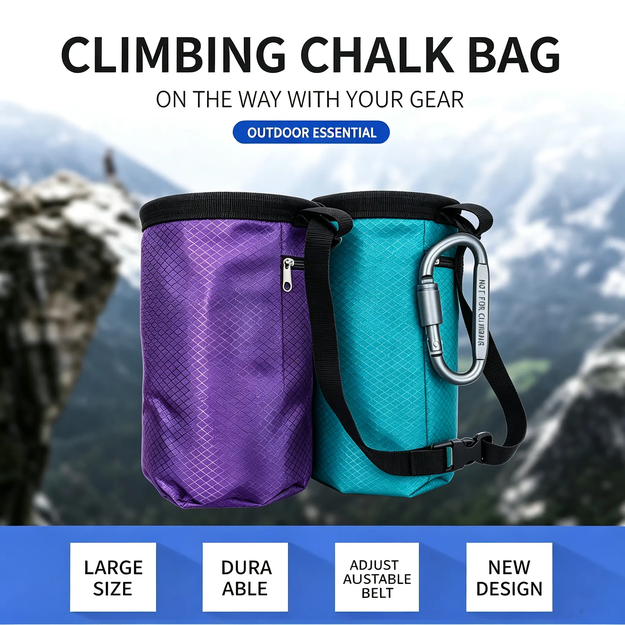 Climbing Chalk Bag, Waterproof Rock Climbing Magnesium Powder Pouch with Adjustable Belt & Carabiner, Large Capacity Drawstring Chalk Bucket for Bouldering Gym