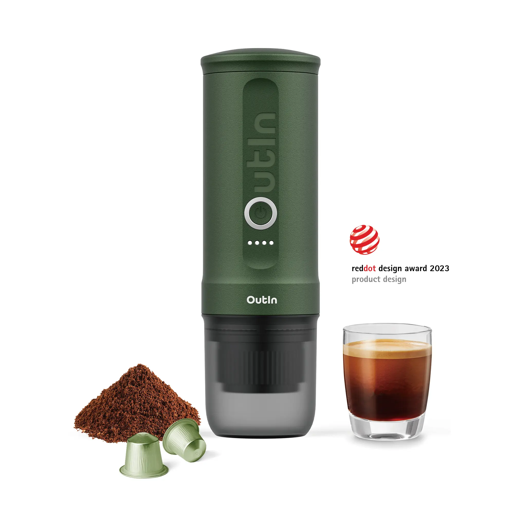Outin Nano Portable Espresso Machine (Forest Green) - Self-Heating 12V/24V 20 Bar Mini Car Maker, Easy to Use for Travelers, Compatible with NS Capsules & Ground Coffee, 12V, 3 Lithium Ion Batteries Required, 12 Volts