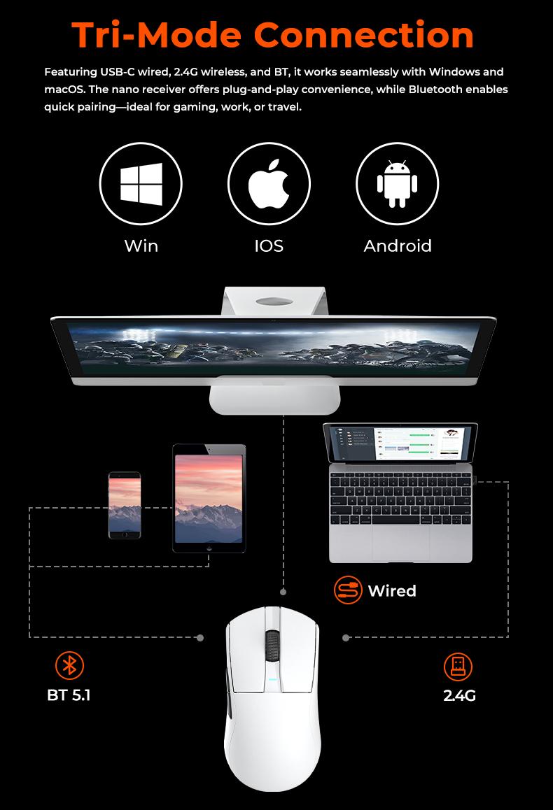 Dareu A950GM Tri-mode Gaming Mouse| PAW3395 Sensor | 60g Ultralight | PBT Keycaps | 100M Clicks | Fast Charging | Professional Esports Grade