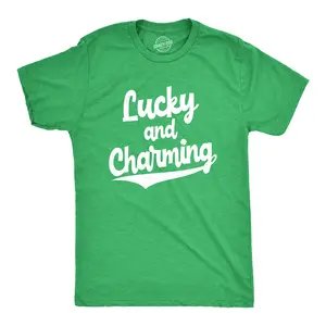 Mens Lucky and Charming T Shirt Novelty Saint Patricks Day Irish Clover Tee Mens Funny T Shirts Cool Vintage Fashion T-Shirt Gift Classic Menswear Saint Patrick's Day Apparel for Men Novelty Tees for Guys Green