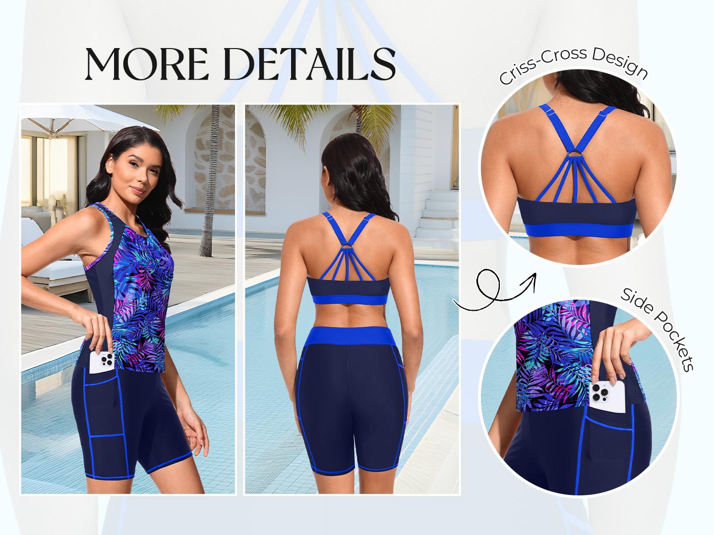 Tempt Me Women Three Piece Tankini Swimsuits - Athletic Bathing Suits Swim Tank Top with Boy Shorts and Bra Modest Swimwear