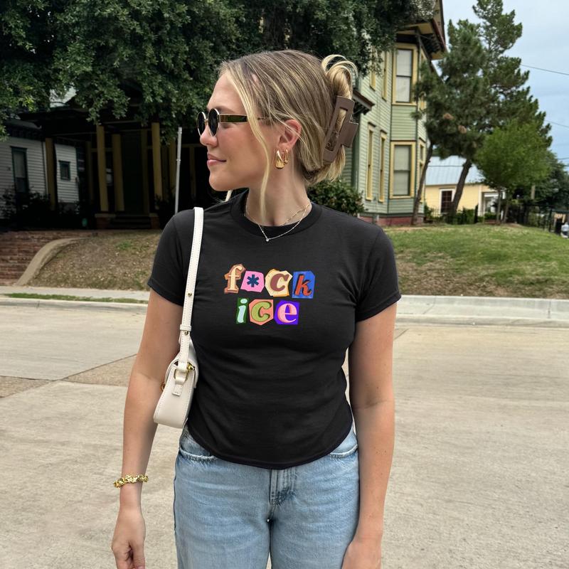 [Sale Up To 50%] Anti Ice Magazine Letter Baby Tee, Fuck ICE Y2K Shirt, Protect Immigrants Tee, No Human Is Illegal Top, Activist Graphic Baby Tee, FDT