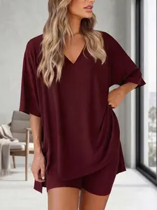 Women's 2 Piece Lounge Set Ribbed V-Neck Oversized Top & Shorts Comfy Sleepwear Pajamas