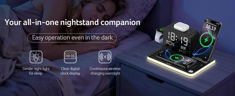 Acer 7 in 1 Wireless Charging Station Charger with LED Night Light, Bluetooth Time Sync Clock & Temperature Display, USB-A & USB-C, Magnetic MagSafe – for iPhone, Android Phone, Apple Watch & AirPods, Gift