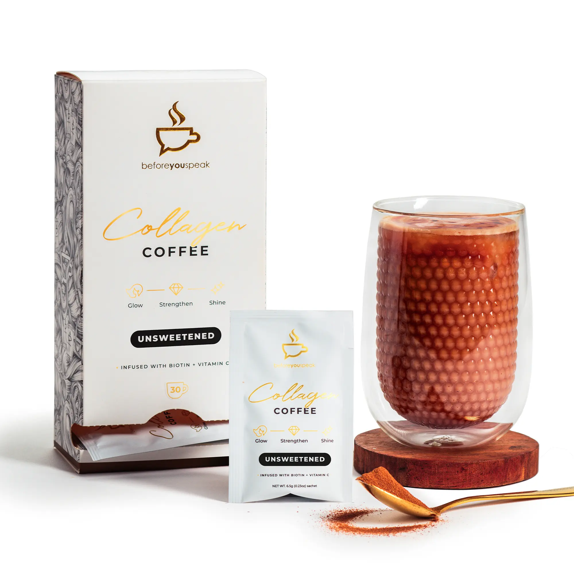 Beforeyouspeak Collagen Coffee - Unsweetened, Instant Colombian Coffee with Marine Collagen, Single Serve Sachets, Hair, Skin & Nails Support, Gluten Free, Keto Friendly, No Added Sugar, 30 serves