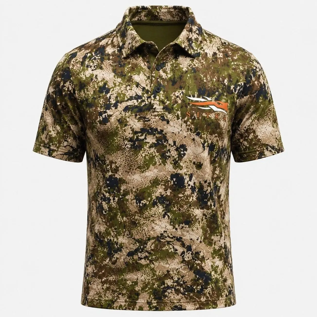 Men's SITKA Camo Polo Shirt, Short Sleeve Hunting Shirt, Camouflage Outdoor Fishing Polo, Lightweight Performance Shirt for Men