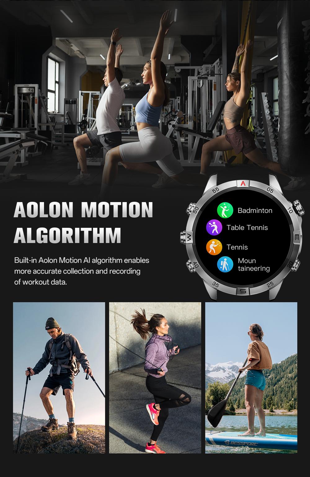 Aolon GT6 Pro Spring rugged outdoor smartwatch with 1.51" AMOLED display, LED flashlight & precision compass. Bluetooth calling, heart rate & fitness tracking, 5-button control, 500mAh battery up to 60 days, 1ATM & IP68 water-resistant.