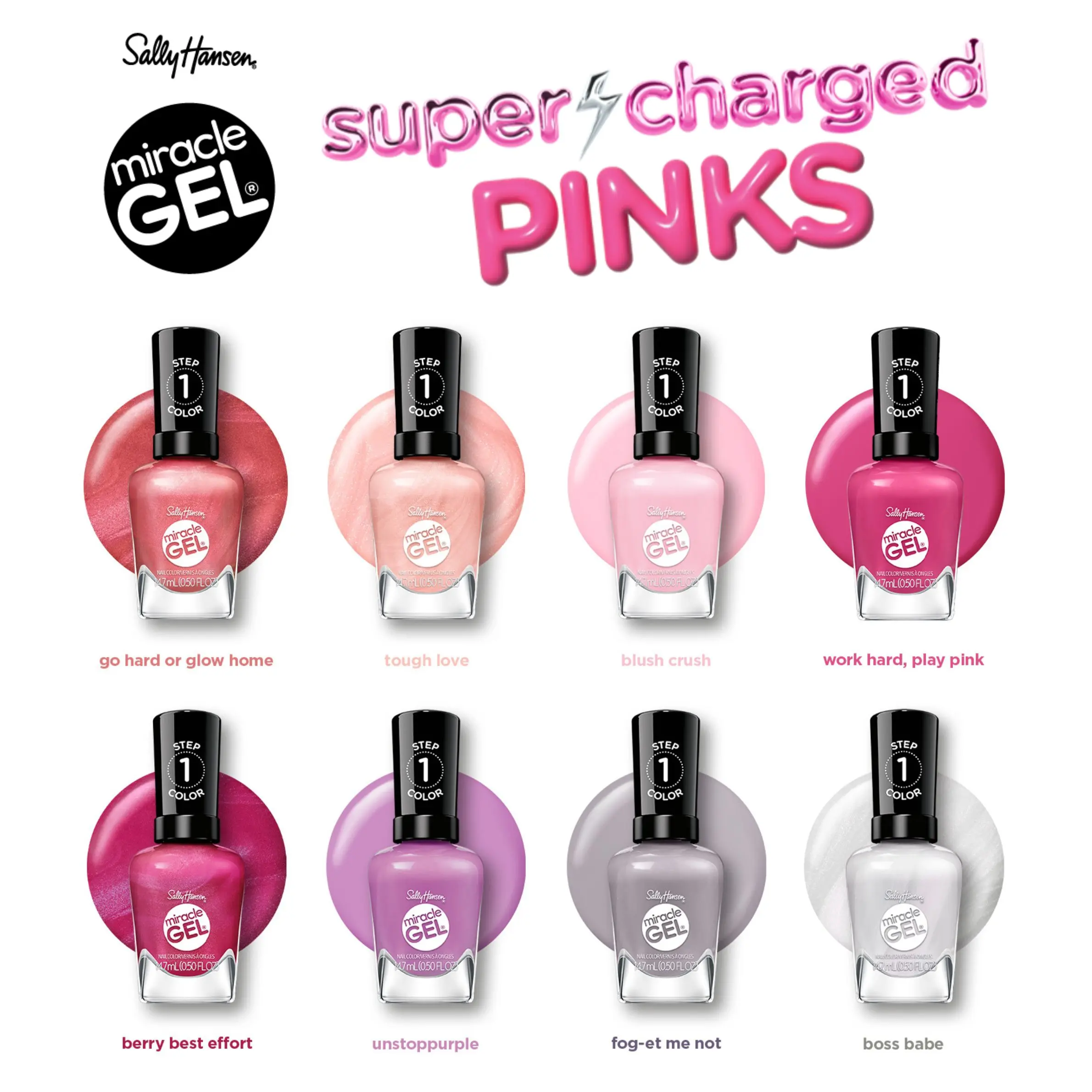 Sally Hansen Miracle Gel Supercharged Pinks Nail Polish + Super Volume Builder Top Coat Duo Bundle, Long Wear, No UV Light Needed