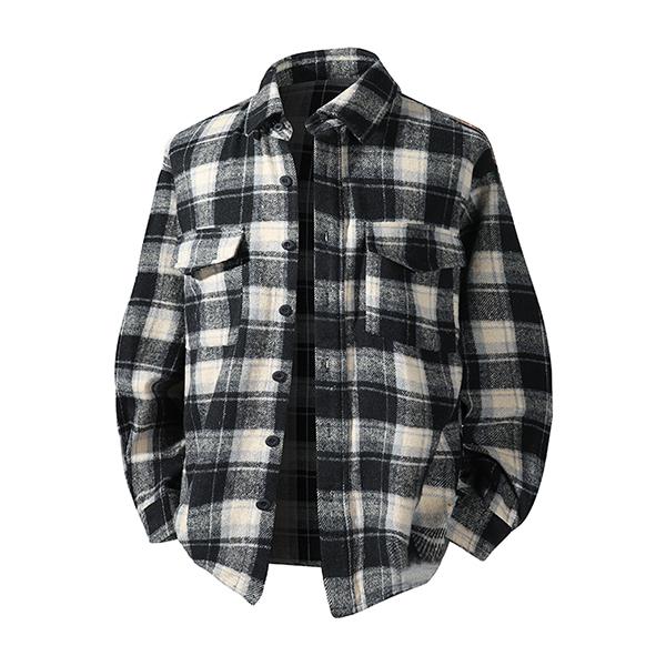 Men’s Black & White Plaid Flannel Shirt Jacket – Terry Fabric, Button Closure, Casual Style, Perfect for Autumn Layering and Streetwear Essentials