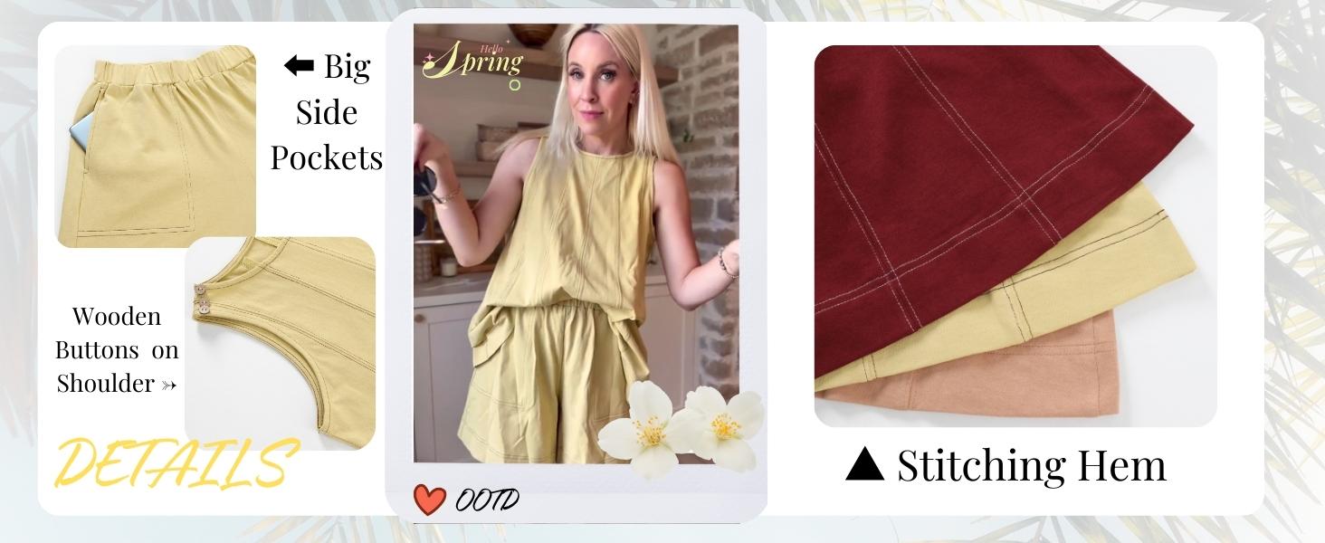 Yeokou Women's 2 Piece Outfits Sleeveless Matching Sets A Line Tank Tops Contrast Stitching High Waist Shorts with Pockets