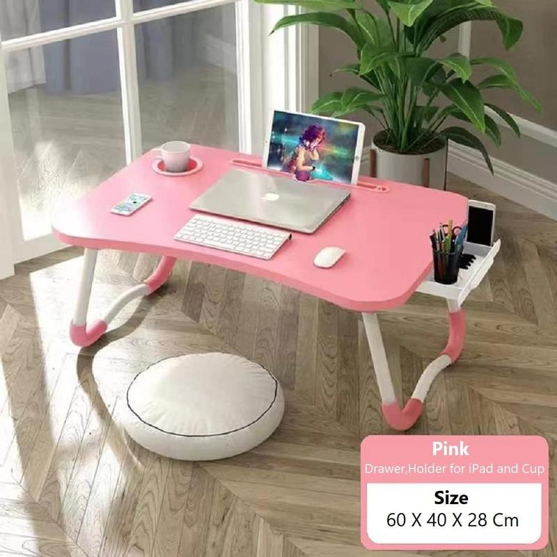 Bed laptop desk, foldable bed laptop tray with storage drawer, breakfast serving bed tray, laptop stand and reading stand with phone slot and cup holder, suitable for sofa, sofa bed, and floor, with 4 USB ports