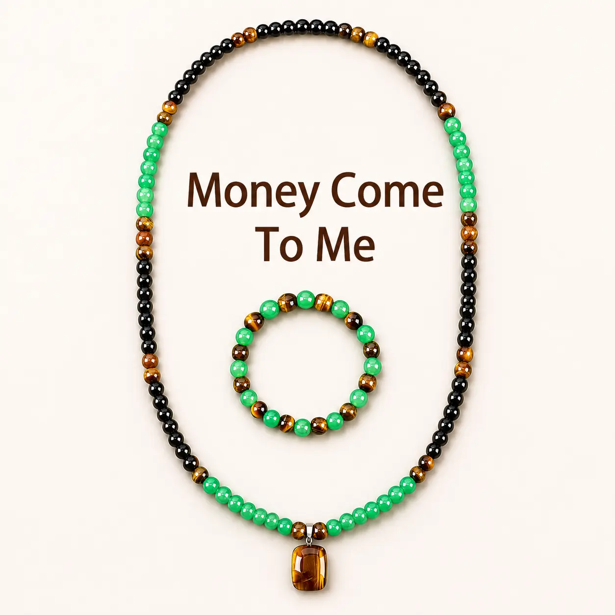 ARPURRAINA Unisex 2-Piece Retro Adjustable Feng Shui Jewelry Set - 15-20cm Money Bracelet & Long Chain Necklace, 20g Green Aventurine & Tiger Eye Abundance Healing Crystal Gift for Men-Women
