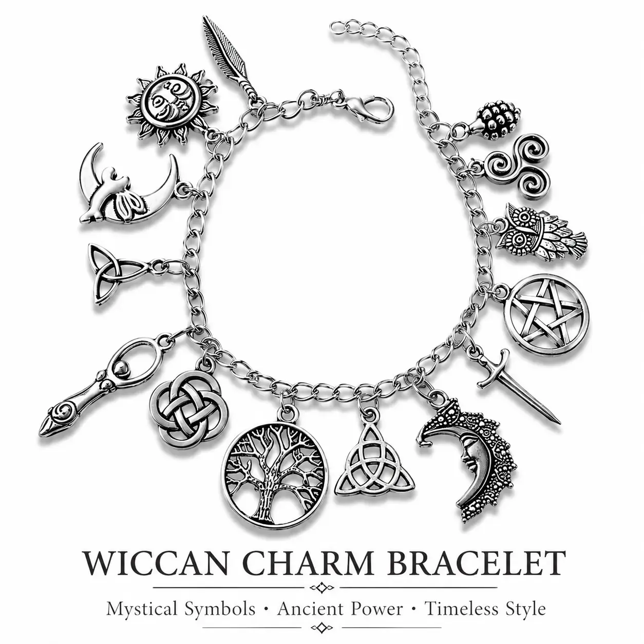 Vintage Silver-Tone Witchy Symbolic Charm Bracelet - Unisex Pagan-Inspired Lightweight Jewelry with Celestial Motifs, Moon, Sun, Tree of Life, Owl, Pentagram, Feather Charms - Adjustable Bangle for Everyday Wear, Gothic Boho Alternative Style Gift