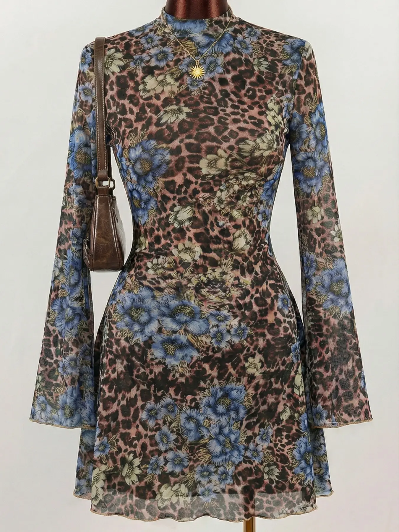 1pc Double Layer Floral Mesh Long Sleeve Dress, Flared Sleeve Sheer Slim Dress, Retro Chic Style for Party Music Festival