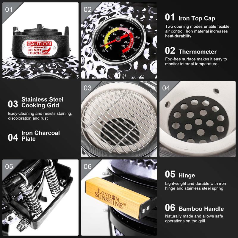 London Sunshine Ceramic BBQ Charcoal Kamado Grill 13 inch Portable Tabletop BBQ Grill Light Gray