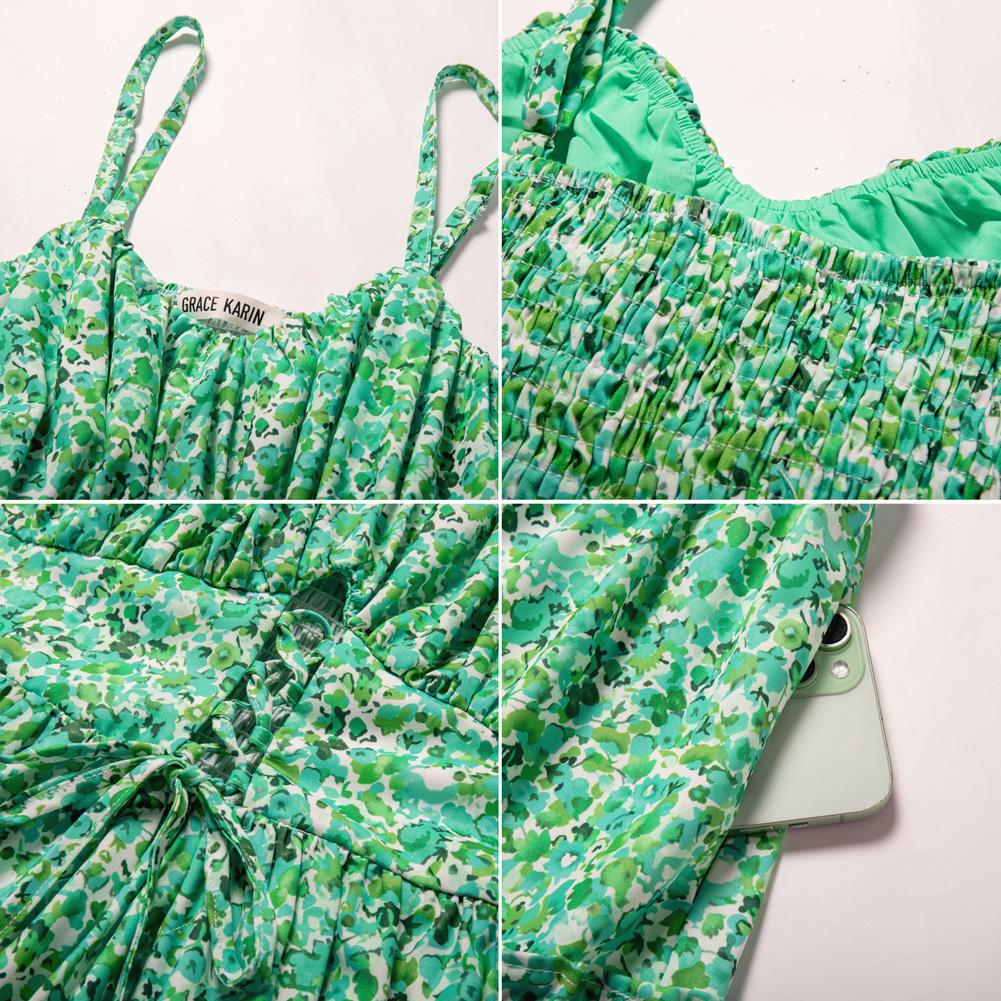 【GRACE KARIN】 Women's Summer Floral Dress Spaghetti Strap Smocked Tiered Casual Boho Maxi Long Sundress with Pockets SpringStatements