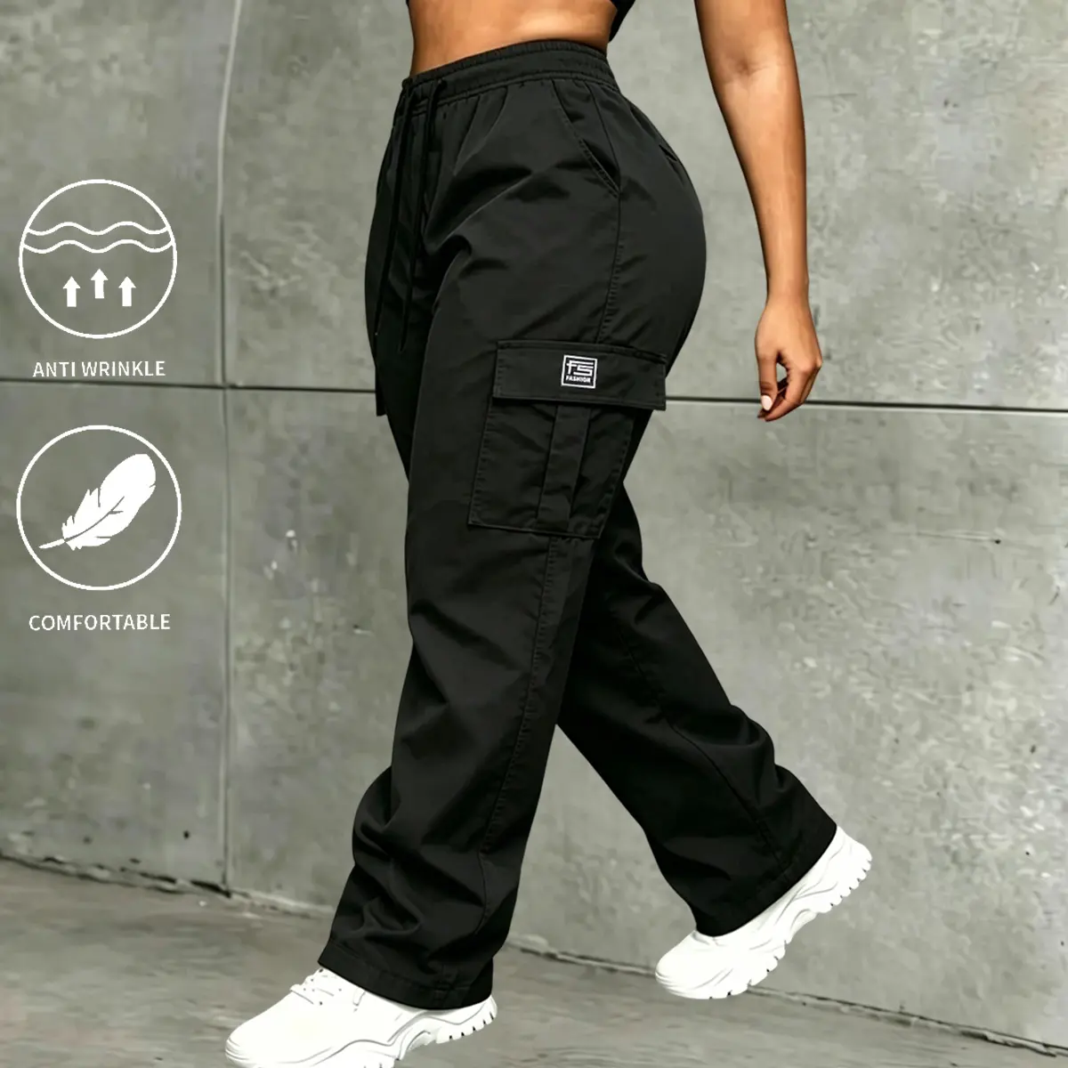 Women's Oversize Preppy Minimalist Mid-Rise Polyester Cargo Pants - Loose Wide-Leg, Large Flap Pockets, Drawstring, All-Seasons for Casual Outings, Sports Streetwear, Cargo Pants Women