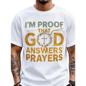 LeoMiles Men's Christian T-Shirt "I Am God's Response to Prayer" with Crown & Cross Design - Golden Lettering, Ultra-Soft Breathable Fabric, White/Black Round Neck Short Sleeve Shirt for Church, Easter, Christmas - Religious Apparel for Prayer Meetings