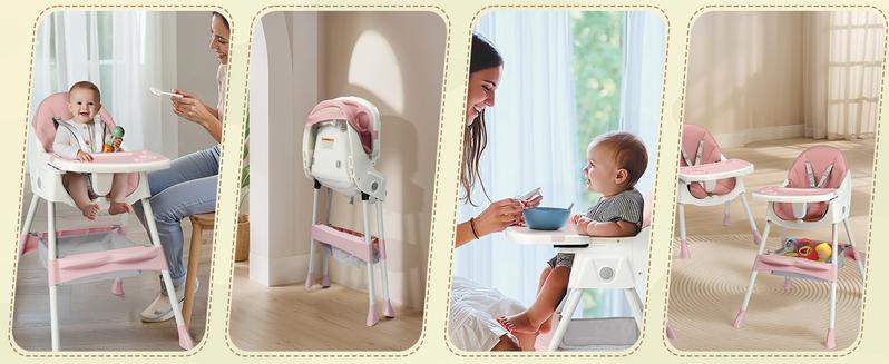 Foldable Baby High Chair, 2-in-1 Portable Convertible Highchair with Removable Dual-Layer Tray, 5-Point Safety Harness and Storage Bag for Toddlers & Babies