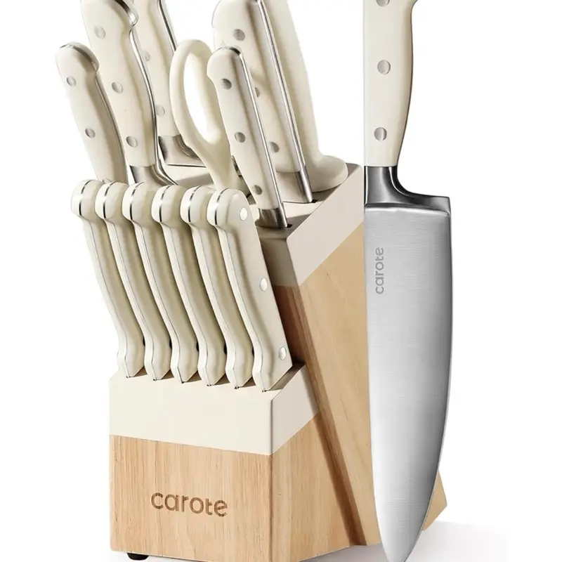 CAROTE 14-Piece Forged High Carbon Rust-Resist Stainless Steel Knives Kitchen Set with 14-Slot Hardwood Storage Block, 8" Chef & 8" Bread Knives, Sharp Full Tang Blades, Sturdy Dishwasher Safe Cutlery, Cream Color, Sharpening-Ready for Everyday Prep