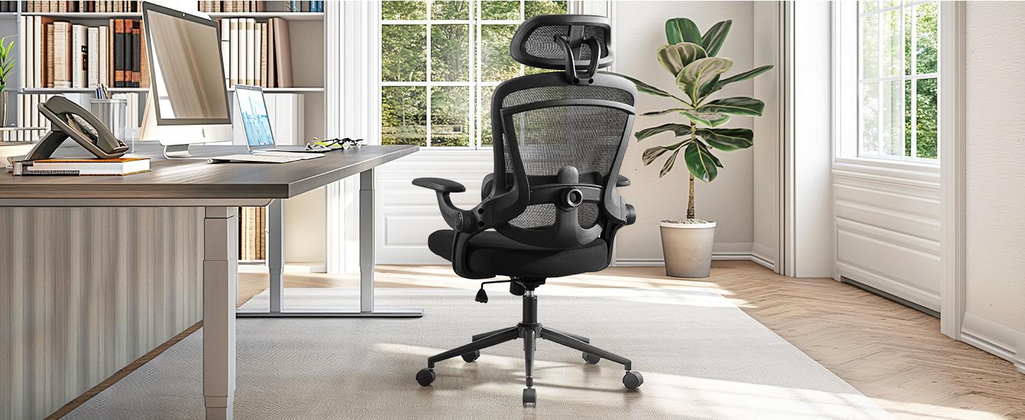 Sweet Furniture High Back Office Desk Headrest, Mesh Computer Chair with Soft Flip Up Arms, Adjustable Height and 120°Tilt